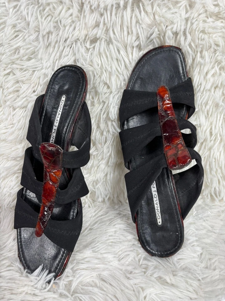 Sandalias de cuero Donald J. Pliner cuñas zapatos para mujer talla 8,5 M negro rojo Foto 2 de 4