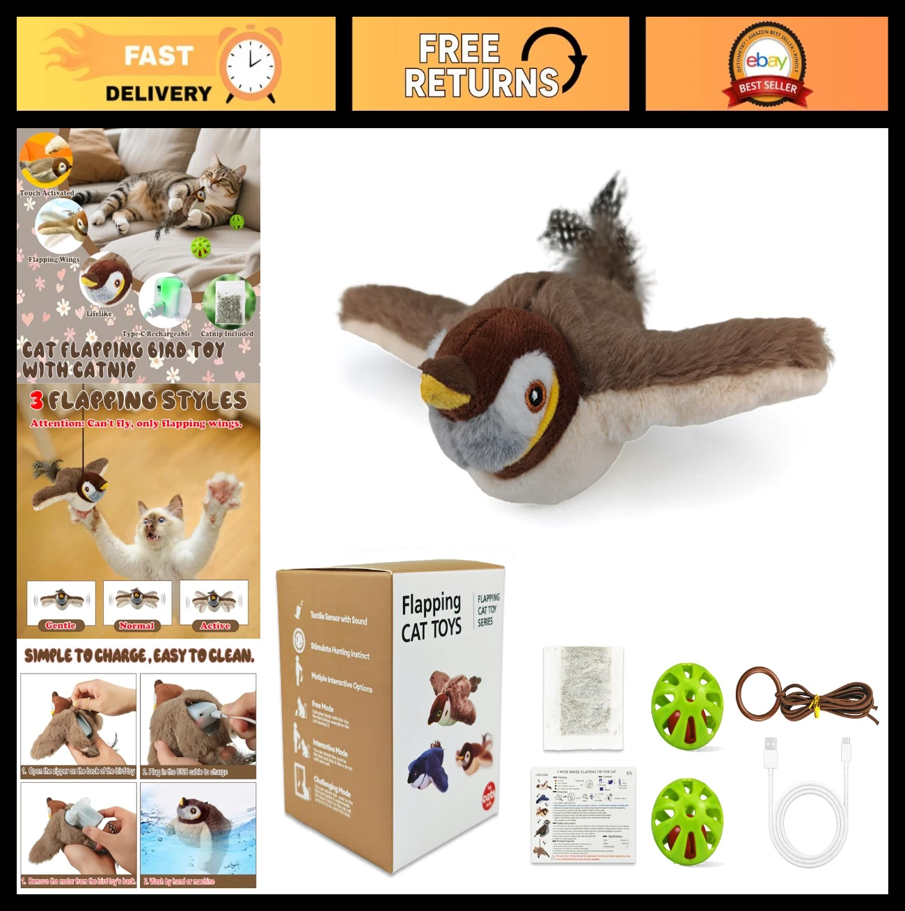 Rechargeable Interactive Cat Toy - Flapping Sparrow with Chirping Sound, Catnip