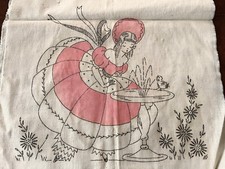 VTG Tinted Stamped Embroidery Southern Belle Girl Bluebird Table Runner Scarf
