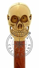 Vintage Skull Head Brass Handle Brown Wooden Walking Stick Cane Antique Gift