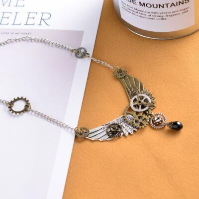 Steampunk Pendant Necklace Angel Wing Choker Exquisite Gear Jewelry With Long