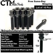 10x BMW Mini Black 12x1.5 Wheel Lug Bolt 60mm Shank E-Body with 30-35mm Spacers