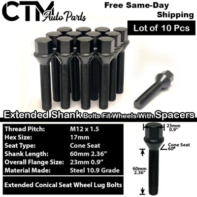 10x BMW Mini Black 12x1.5 Wheel Lug Bolt 60mm Shank E-Body with 30-35mm Spacers