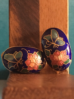 Boucles D'oreilles Clips Vintage Dorées émaillées Motifs Papillons Et Fleurs