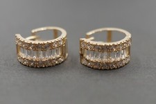 14K Solid Yellow Gold 6.6MM Small Huggie Hoop Baguette With Round CZ Earring.