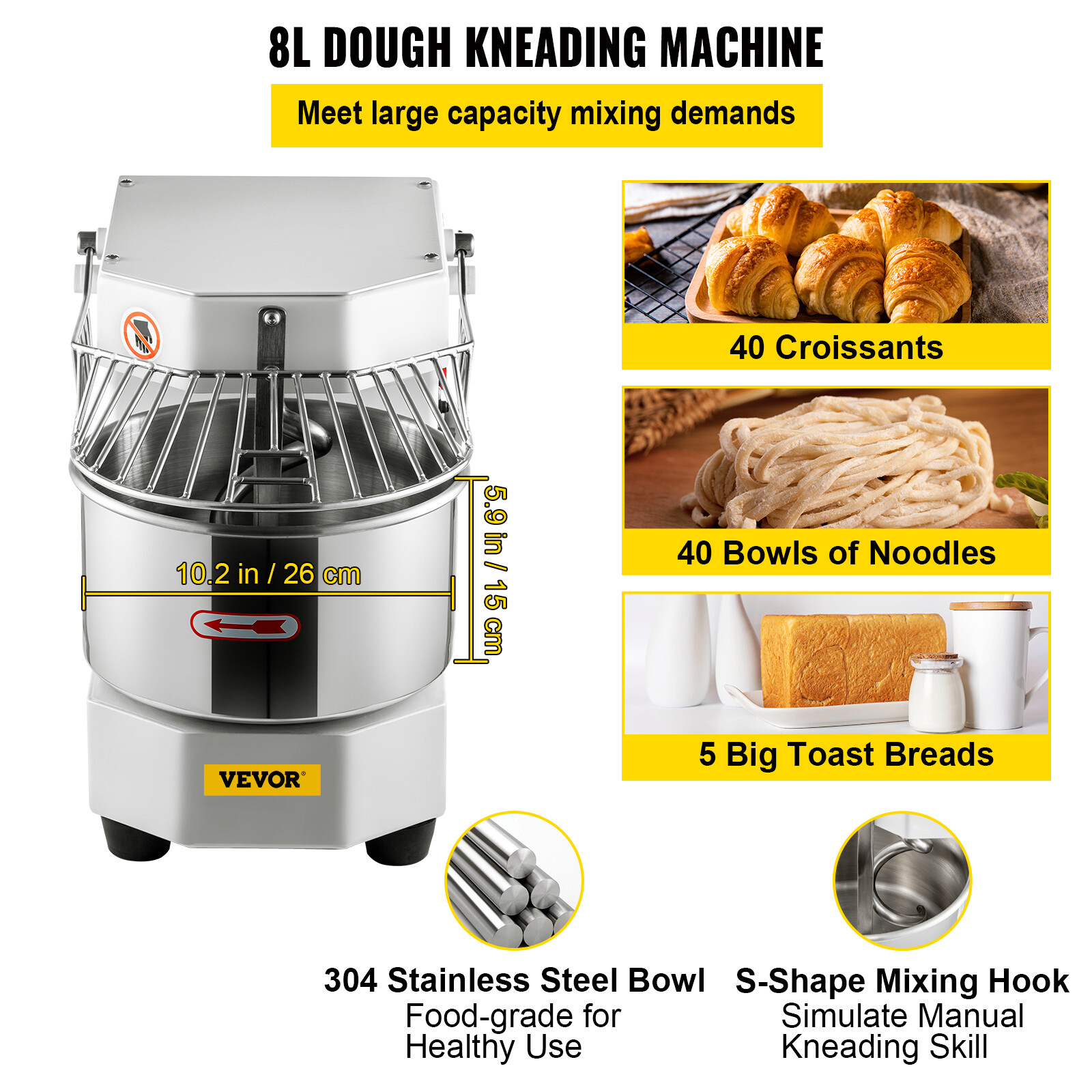 VEVOR Impastatrice Robot da Cucina Commerciale con Supporto Acciaio Inox 8L foto 3