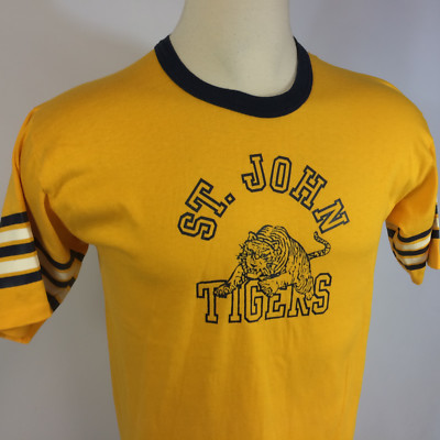 Vintage 80s St John Tigers School Ringer Gym College Yellow Surf