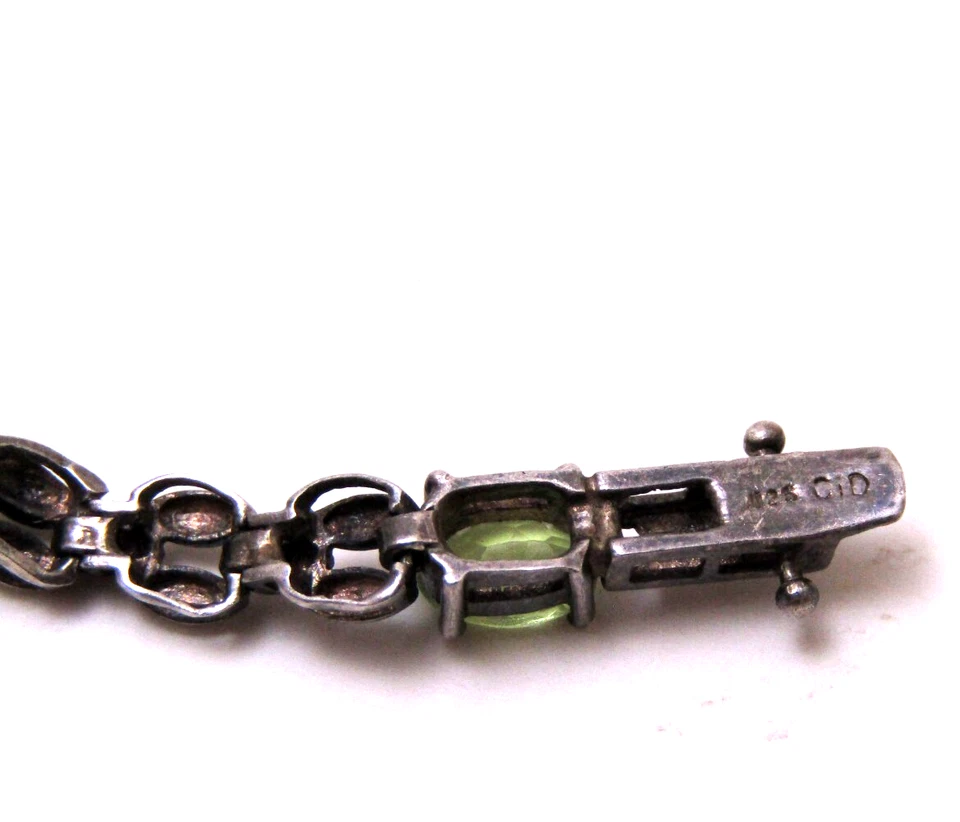 Pulseira elegante vintage CID prata esterlina 925 pedra preciosa verde 7,5" - 9g - Imagem 4 de 4