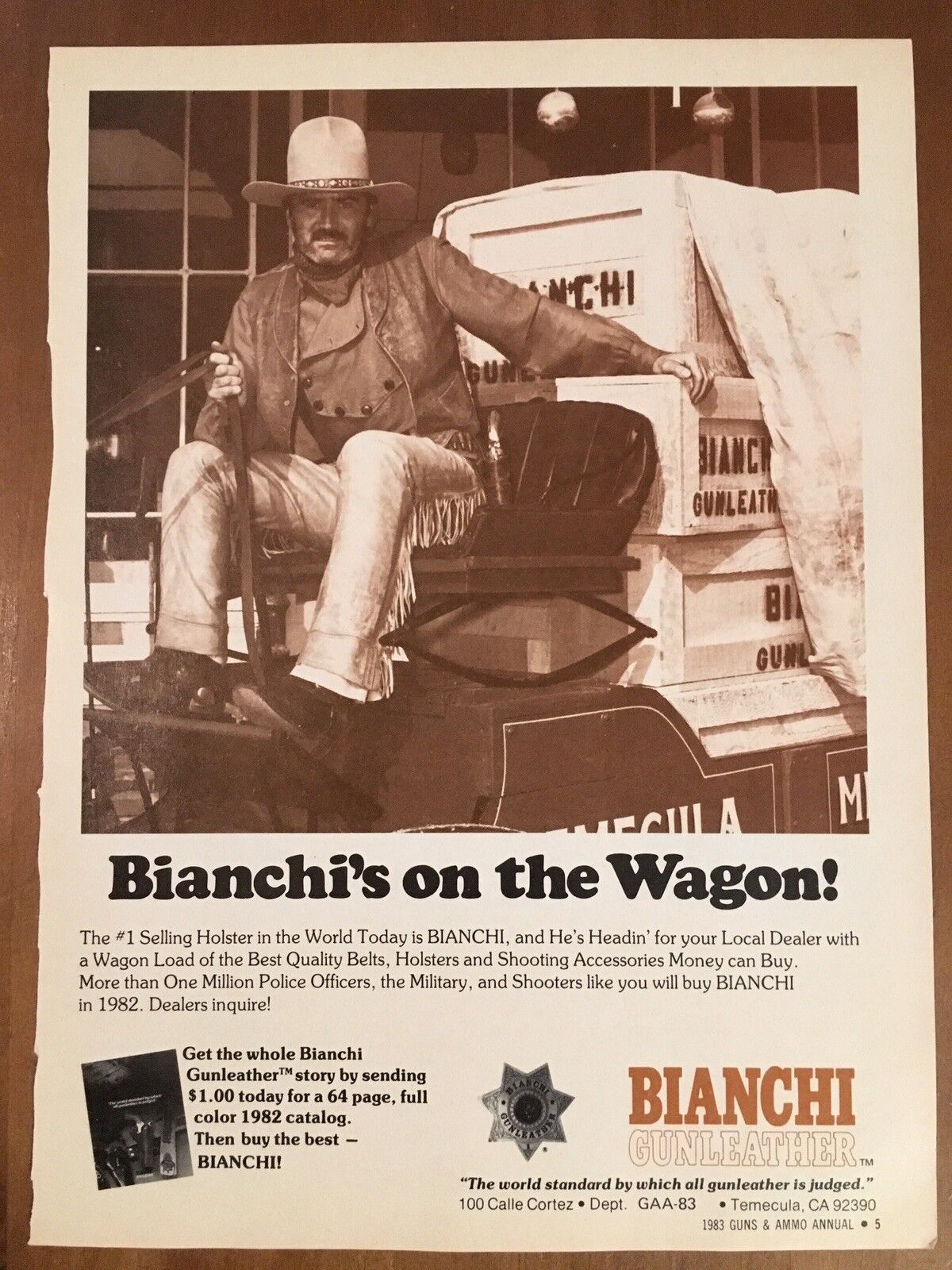 1982 Bianchi’s Gunleather Vintage Hunting Advertising “Bianchi’s On The Wagon!”