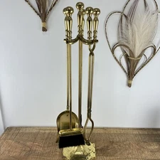Vintage Solid Brass MCM Fireplace 5 Piece Tool Set Hollywood Regency
