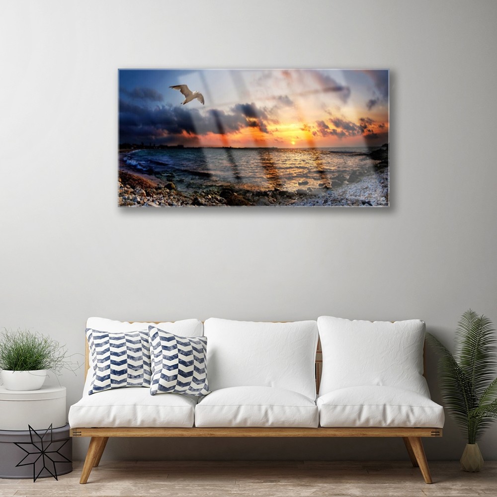 Tableau sur verre mer et mouette 100x50 cm impression haute définition pour salon