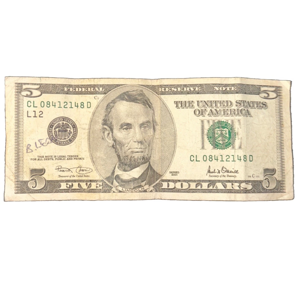2001 $5 Dollar Palindrome Trinary Bill CL08412148D - Image 2 of 4