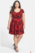Womens City Chic Red Black Flock Flower Print Fit & Flare Dress W/Belt