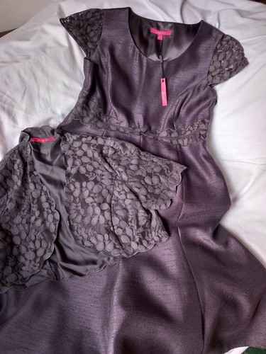 Ladies JACQUES VERT size 14 dark BROWN 2 part Dress & Shrug lace trim new