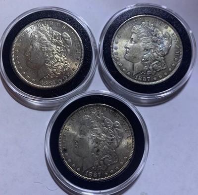 3 (Three) AU Morgan Silver dollars 1887-P, 1887-P And 1881-S ALL W/Some Toning