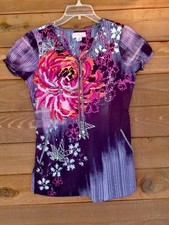 Koi by Kathy Peterson scrub top bold floral on black pockets tie neckline XS