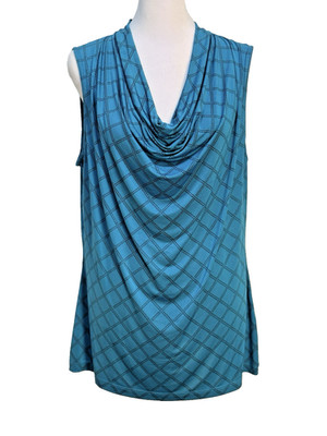 Worthington Blouse L Blue Black Geometric Cowl Neck Sleeveless Stretch