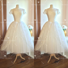 Vintae Short Wedding Dresses Tea Length 1970s Short Sleeves Lace Bridal Gowns