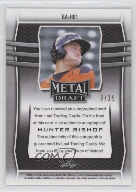 2019 Leaf Metal Draft Purple /25 Hunter Bishop #BA-HB1 Auto - Image 2 of 2