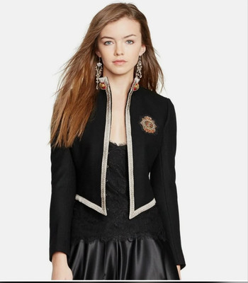 NEW Chic, Rare Ralph Lauren Black Wool Cropped Jacket with Gold Trim, Red Lining