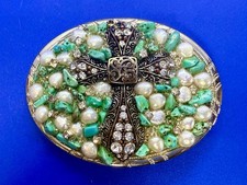 Gorgeous Centered Cross Rhinestones  Turquoise Covered Religious Belt Buckle