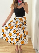 Vintage Black  White Floral Midi Skirt With Bold Orange Garden Flowers