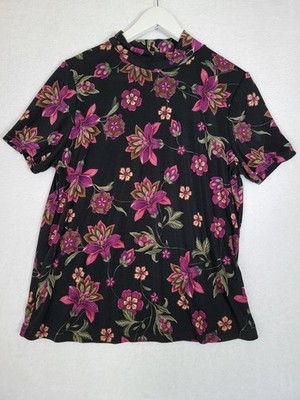 Jaclyn Smith Womens Top L Black Purple Floral Stretch Pullover Knit SS Tunic 