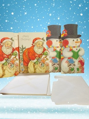 Vintage Hallmark Christmas Cards Ephemera Lot Santa Snowman Box 5 Cards 5 Env
