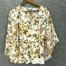 Belle Sky Blouse Women L Large White Floral V-Neck Long Sleeve Pullover Casual
