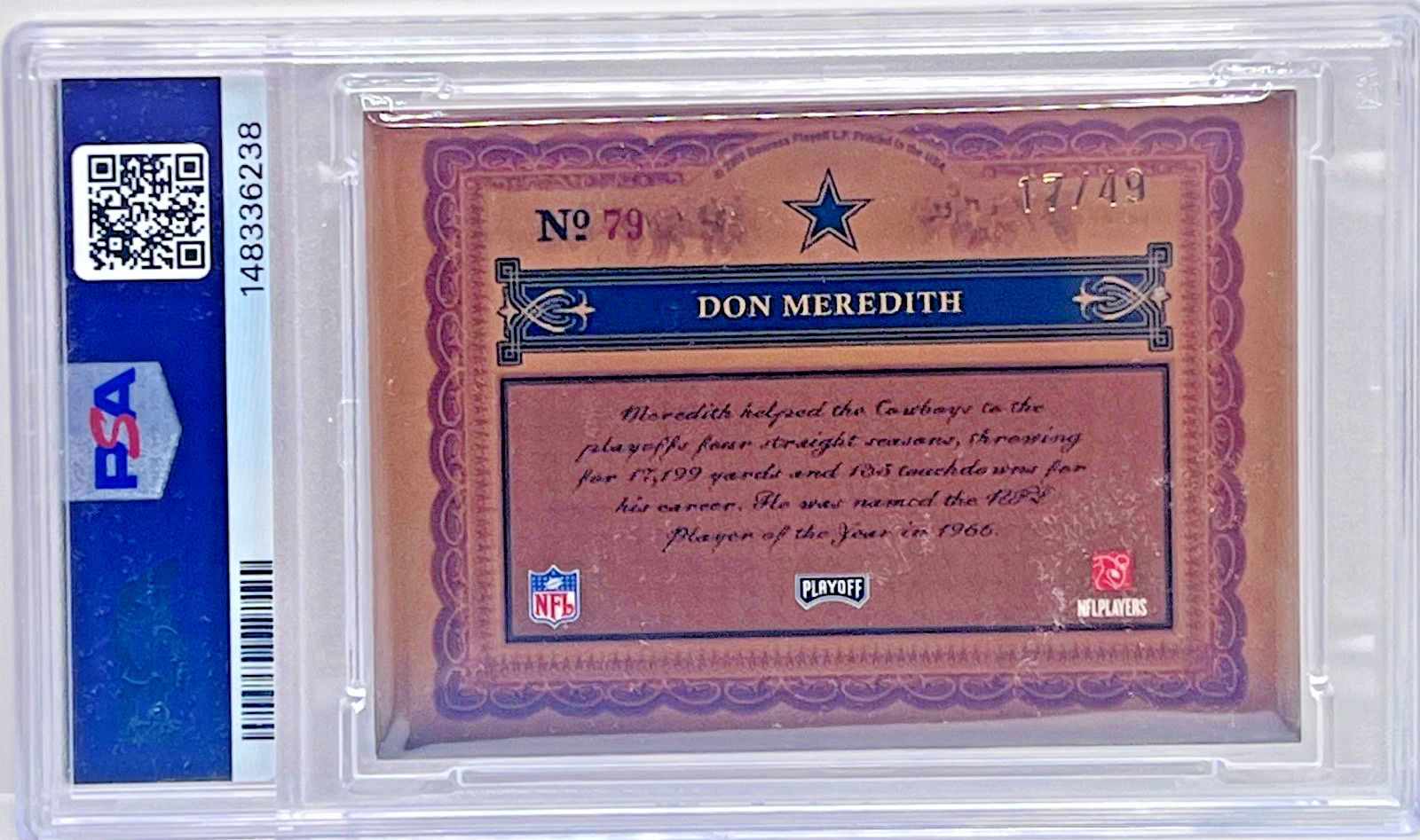 2006 National Treasures DON MEREDITH Signature Gold Auto 017/49 PSA 6 Cowboys view 2