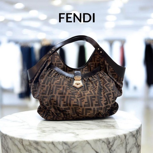 Fendi FF Logo Shoulder Bag Large Capacity Brown Black Used From Japan