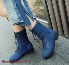 Botas al tobillo de mezclilla para mujer Zapatos de jean con cordones Punta redonda Informales Punk Moda Nuevas