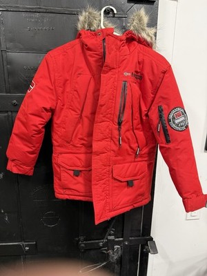Geographical Norway Kids Red Expedition Parka Coat Faux Fur Hood Size 8 Ans