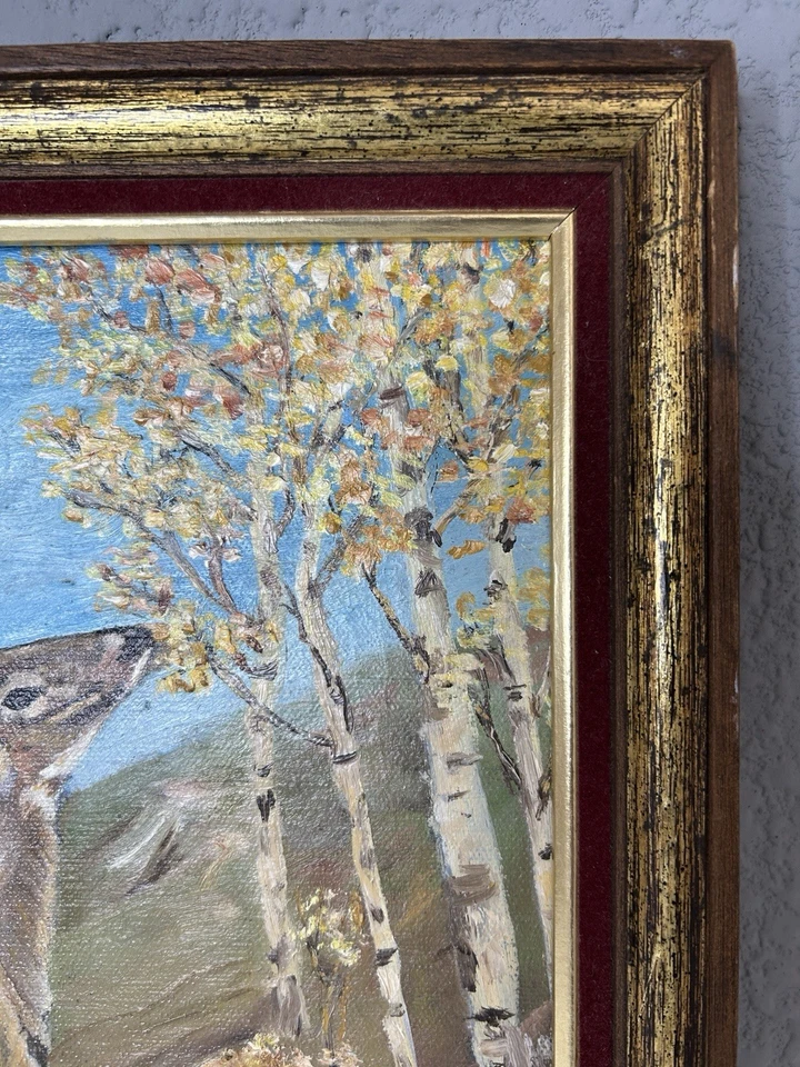 Pintura original de ciervos firmada vintage 🦌 óleo sobre lienzo decoración de cabaña de bosque rústico Foto 2 de 4