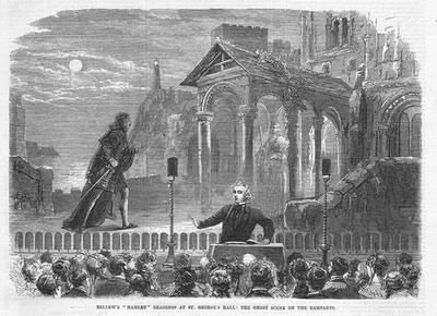 THEATER Bellew's Hamlet at St George's Hall; Geisterszene - antiker Druck 1870