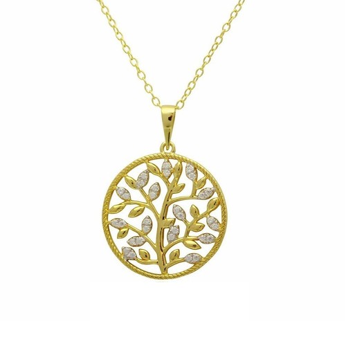 Argento Sterling Placcato Oro Giallo Collana W/ Cz Pietre Albero Circle Ciondolo - Foto 2 di 4