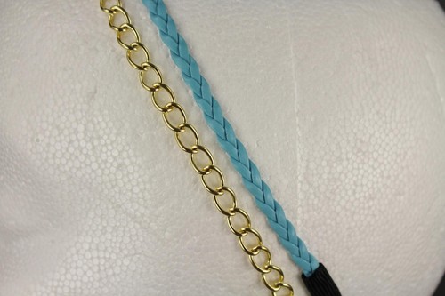 Gold chain link headband Blue faux leather braid thin skinny narrow 2 pack - Picture 2 of 4