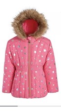 R 1881 by S Rothschild Girls Puffer Jacket Stars Foil Print Faux Fur Hood Berry