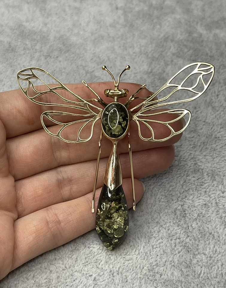 Broche Piedra Ámbar Genuino. Broche Libélula Ámbar Natural. Broche Prendedor Piedra Ámbar Foto 3 de 4