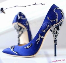 Metal Flower Decor Womens Pumps Shoes Stilettos Heels Pointy Toe Wedding Fashion