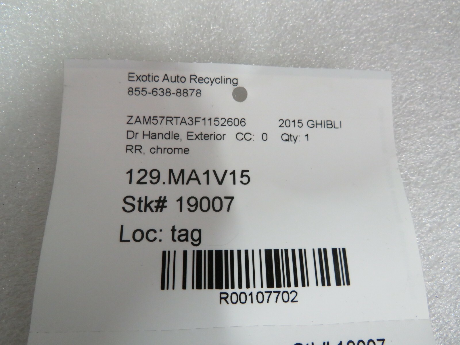 Maserati Ghibli, RH, Right, Rear Door Mechanism w/ Chrome Handle, Used 
