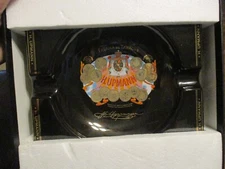 H.UPMANN NOS CIGAR ASHTRAY IN ORIGINAL PACKAGE BLACK GLAZED GOLD 9.5'' RARE