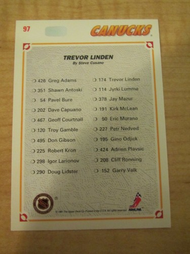 1991-92 Upper Deck Hockey Trevor Linden #97 Vancouver Canucks Team Checklist - Picture 2 of 2