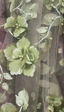 Sage green 3d floral embroider pearls mesh lace scalloped Fabric By yard 54" w