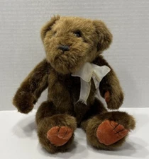 Vtg PBC International Plush Brown Bear Jointed W/Orange Foot Pads White Bow 13”