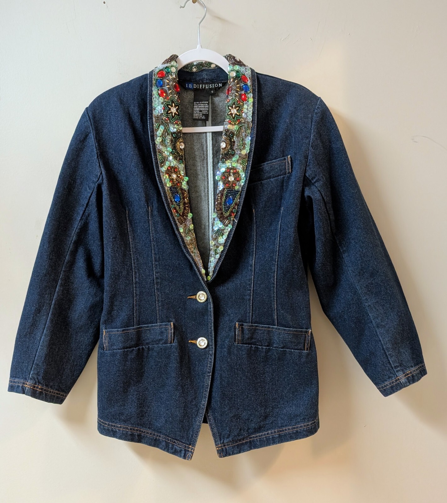 I.B Diffusion Indigo Denim Sequin Gem Blazer Jack… - image 1