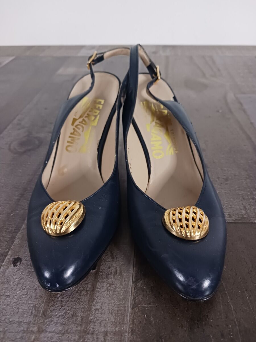 Vintage Salvatore Ferragamo Slingback Heels Blue Leather Vintage Salvatore Ferragamo Slingback Heels Blue Leather