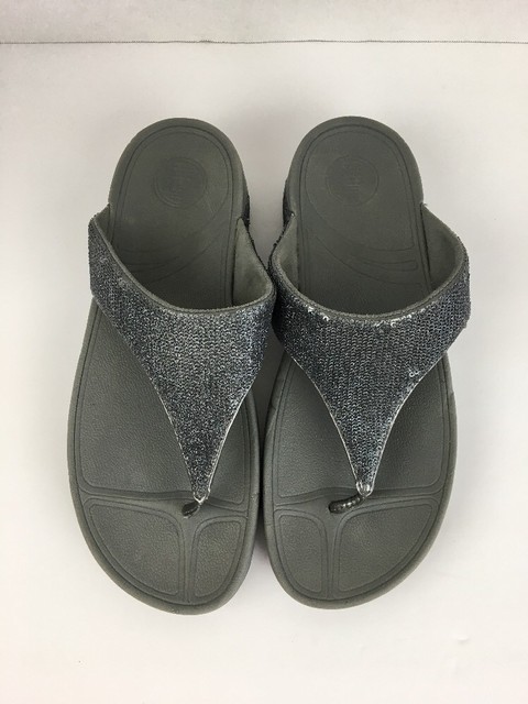 FitFlop Womens Astrid Thong Sandals 11 Pewter Gray Leather Sequins Flip Flop | eBay