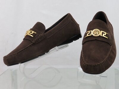 NIB VERSACE BROWN SUEDE GOLD MEDUSA HEAD LOGO LOAFERS 44 11  display picture 3
