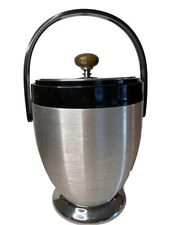 Vintage Atomic Kromex Spun Aluminum Ice Bucket MCM Atapco Barware Wood Knob